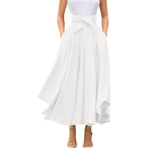 Women's White Elegant High Waist Side Slit Irregular Bohemian Pockets Maxi Skirt